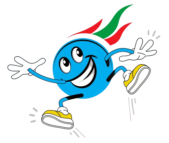 Mascota oficial de Euskobowling - Bola de bowling azul con brazos, piernas, zapatillas amarillas y elementos decorativos en rojo y verde
