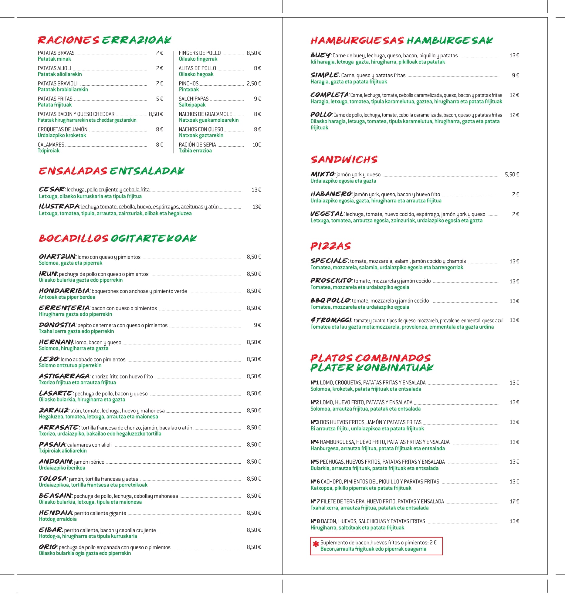 Carta completa Euskobowling - Raciones, ensaladas, bocadillos, hamburguesas, pizzas y platos combinados